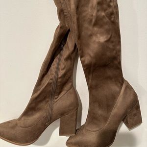 Taupe faux suede thigh high boots; size 8.5 US. Brand new.